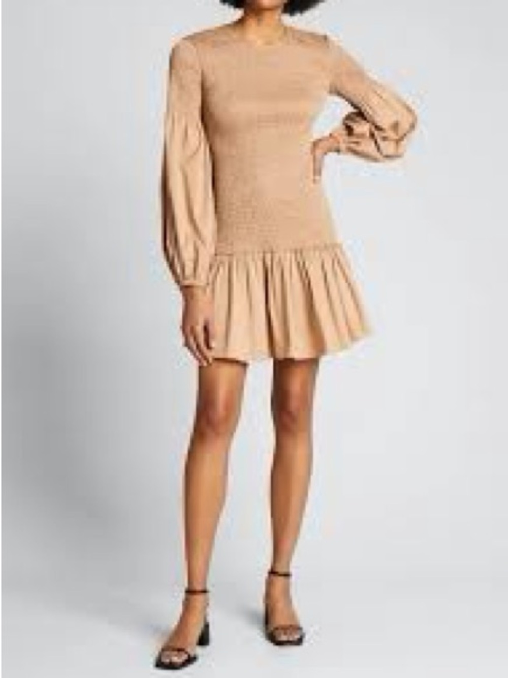 A.L.C. Smocked Beige Mini Dress with Balloon Sleeves